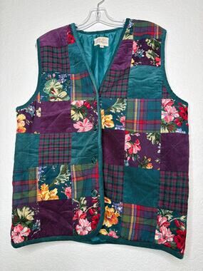 Susan Bristol Quilted Patchwork Vest Teal Floral 90s Women’s  L